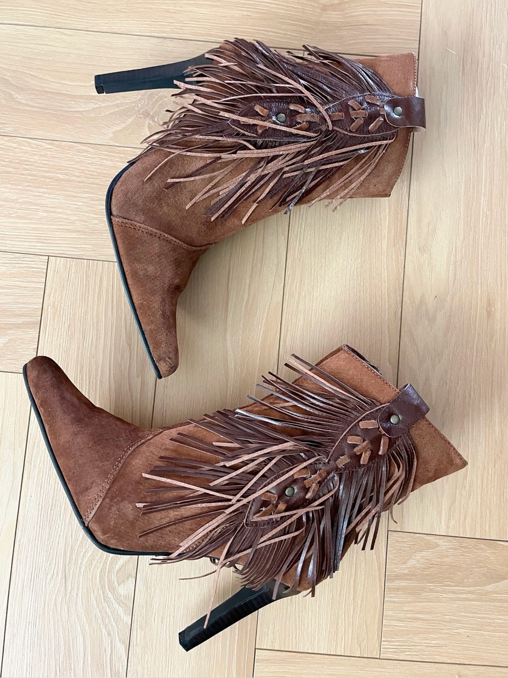 Vintage Y2K Boho Suede Fringe Heels Boots sz 6
